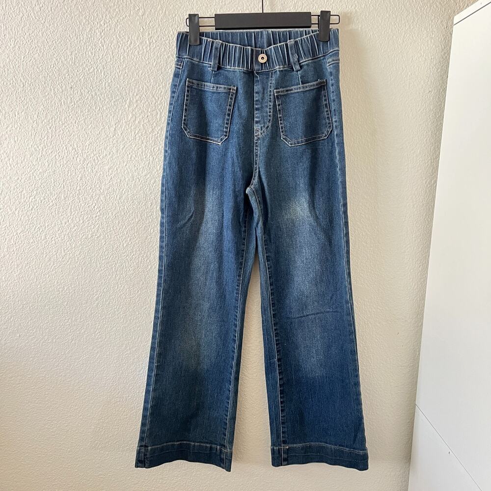 Womens Denim Elastic Waist Patch Pocket Cropped Straight Leg Jeans Sz XS‎ Retro